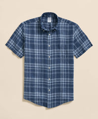 Irish Linen Polo Button Down Collar Plaid Short-Sleeve Shirt