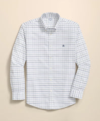 Fine Windowpane Shirt Stretch Cotton Non-Iron Oxford Polo Button Down Collar