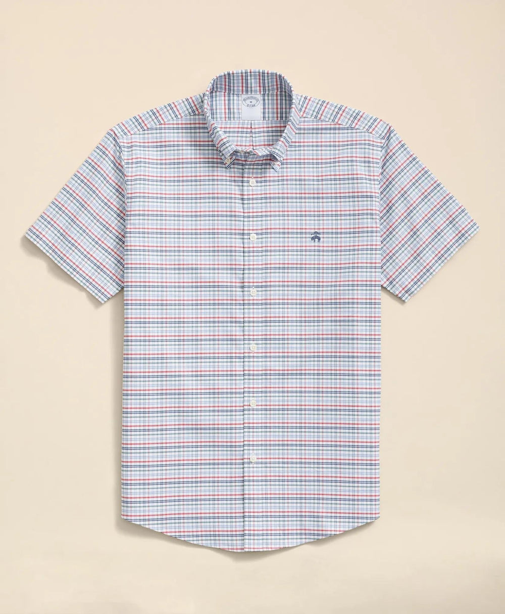 Stretch Cotton Non-Iron Oxford Polo Button Down Collar Windowpane Short-Sleeve Shirt
