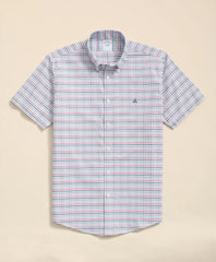 Stretch Cotton Non-Iron Oxford Polo Button Down Collar Windowpane Short-Sleeve Shirt