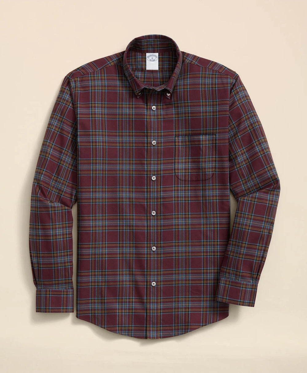 Stretch Supima® Cotton Non-Iron Twill Polo Button Down Plaid Sport Shirt