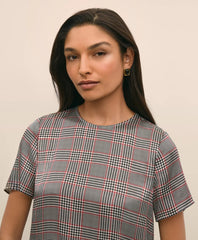 Washable Silk Charmeuse Plaid Short-Sleeve Top