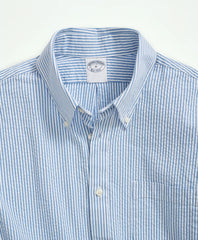 Washed Cotton Seersucker Button-Down Collar Stripe Sport Shirt