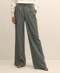 Wool Blend Pleated Herringbone Wide-Leg Pant