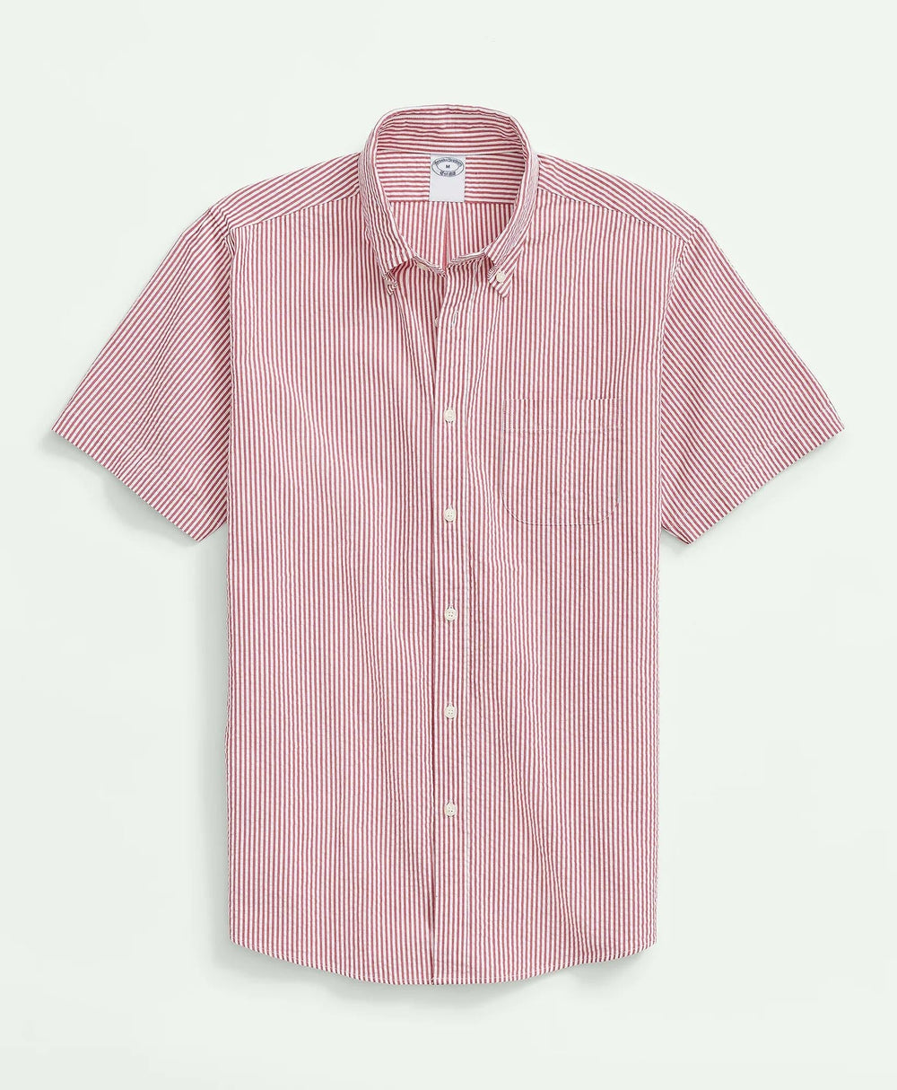 Washed Cotton Seersucker Button-Down Collar Stripe Short-Sleeve Sport Shirt