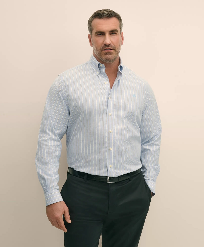 Big & Tall Stretch Cotton Non-Iron Oxford Polo Button Down Collar Outline Stripe Shirt