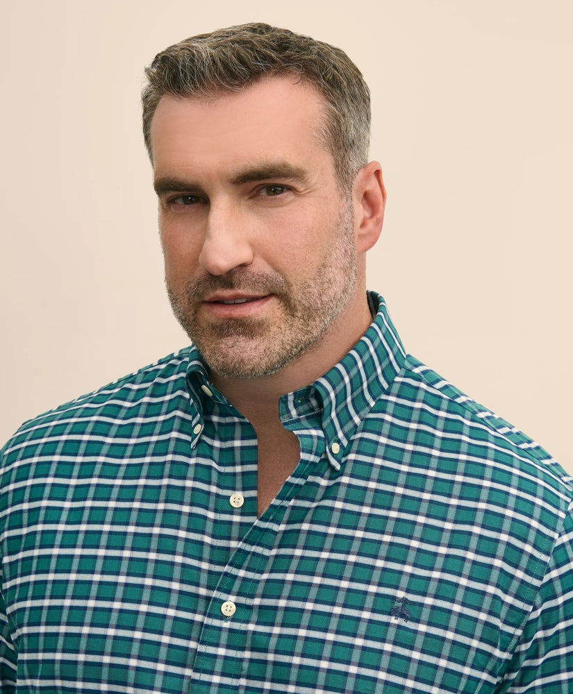 Big & Tall Stretch Cotton Non-Iron Oxford Polo Button Down Collar Plaid Shirt