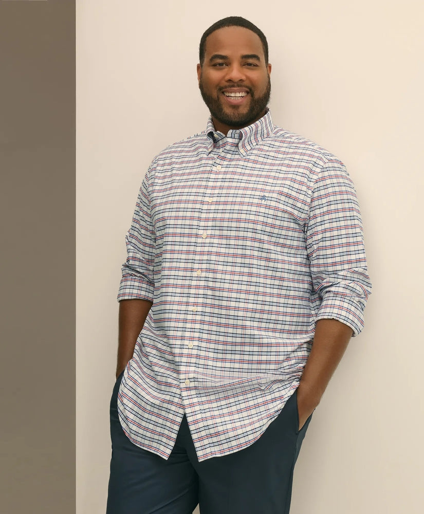 Big & Tall Stretch Cotton Non-Iron Oxford Polo Button Down Collar Windowpane Shirt