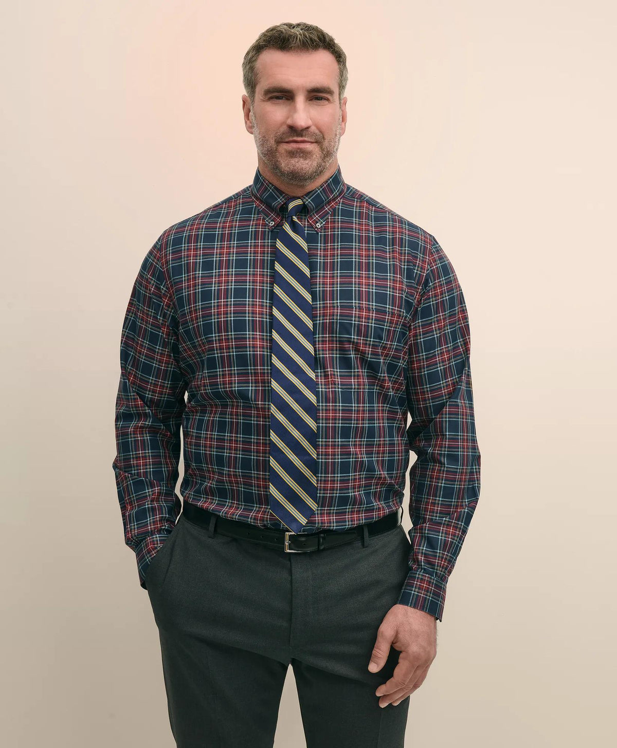 Tartan Shirt Big & Tall Stretch Cotton Non-Iron Twill Polo Button Down Collar