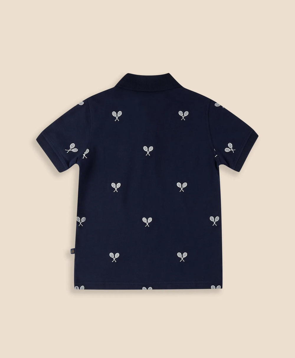 Boys Stretch Cotton Tennis- Racquet- Embroidered Pique Polo Shirt