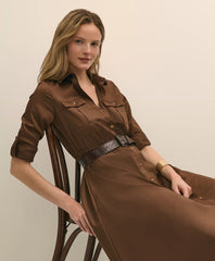 Cotton Sateen Fit-And-Flare Belted Shirt Dress