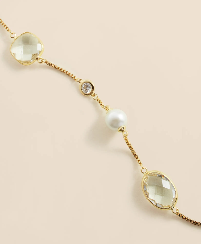 Faceted Glass and Cubic Zirconia Long Necklace Faux Pearl