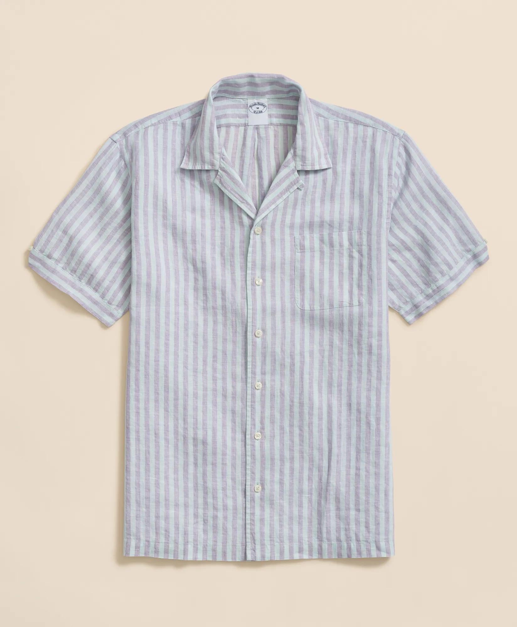 Striped Short-Sleeve Shirt Irish Linen Camp Collar