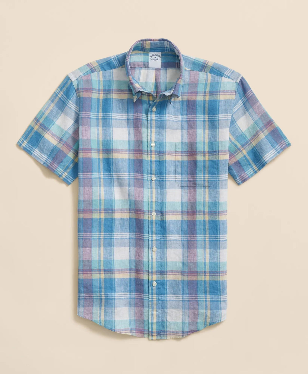 Checked Short-Sleeve Shirt Irish Linen Polo Button Down Collar