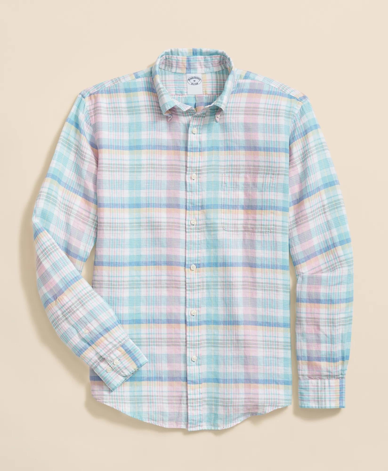 Irish Linen Polo Button Down Collar Multi Plaid Shirt
