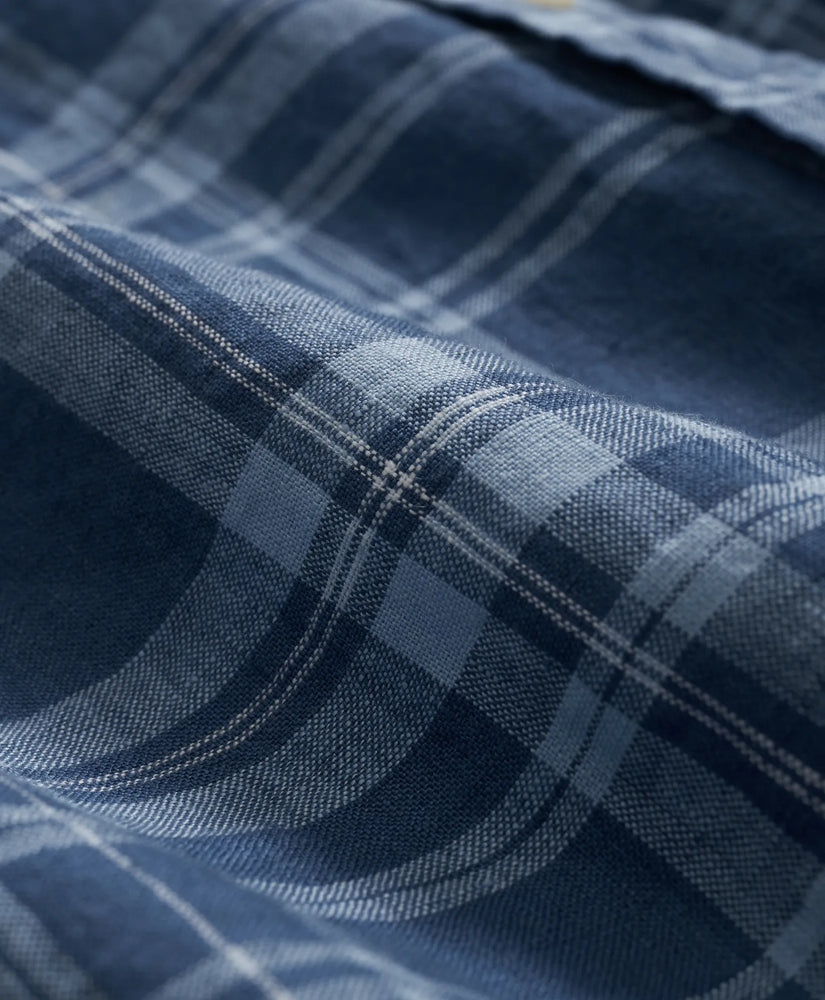Irish Linen Polo Button Down Collar Plaid Short-Sleeve Shirt