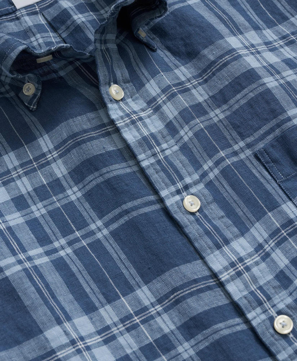 Irish Linen Polo Button Down Collar Plaid Short-Sleeve Shirt