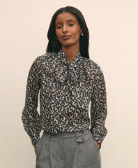 Leaf-Print Jacquard Bow-Neck Blouse