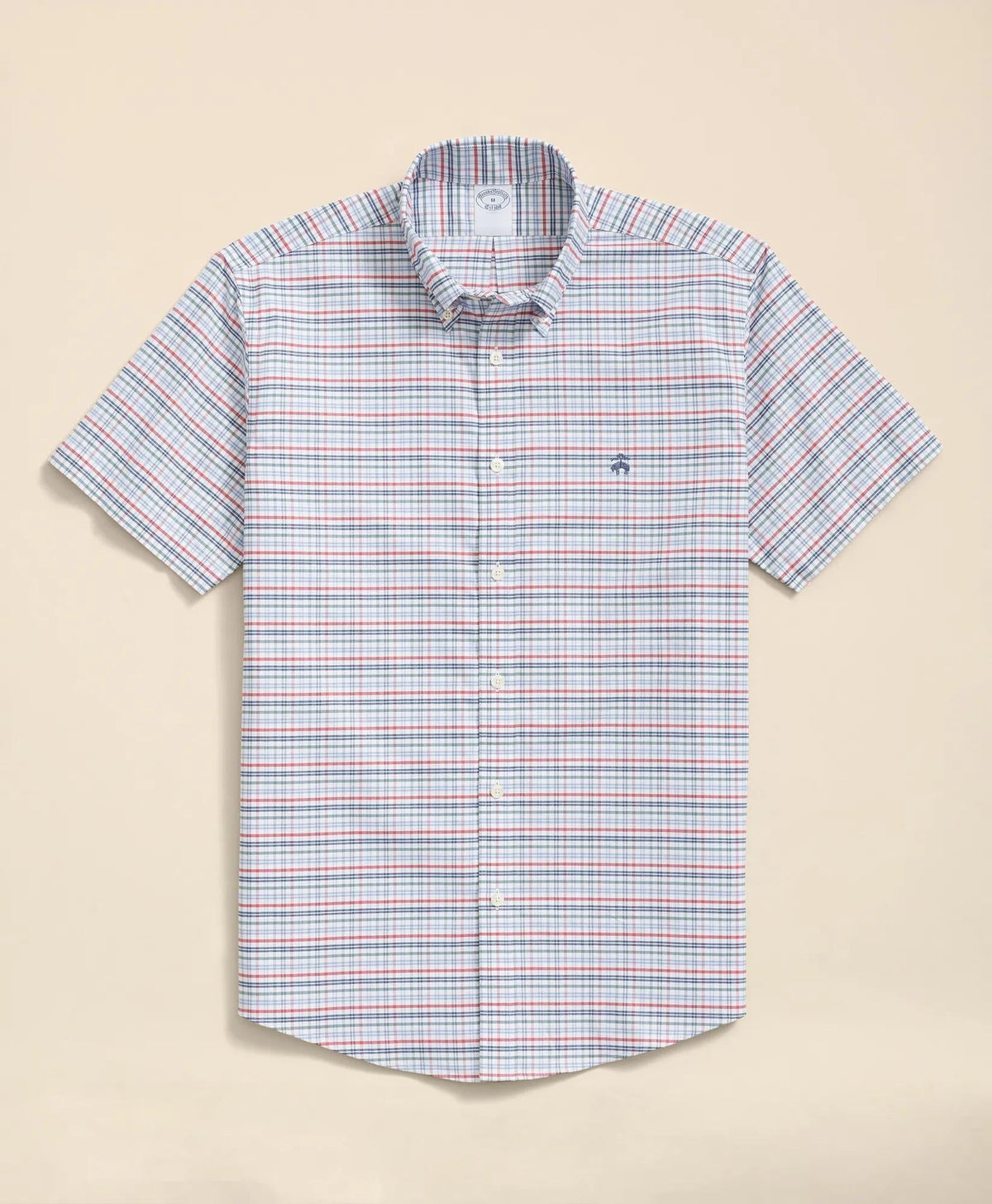 Stretch Cotton Non-Iron Oxford Polo Button Down Collar Windowpane Short-Sleeve Shirt