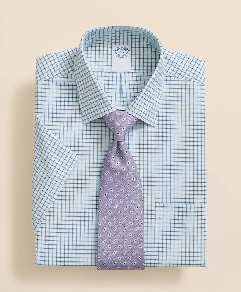 Windowpane Short-Sleeve Dress Shirt Stretch Supima® Cotton Non-Iron Broadcloth Ainsley Collar