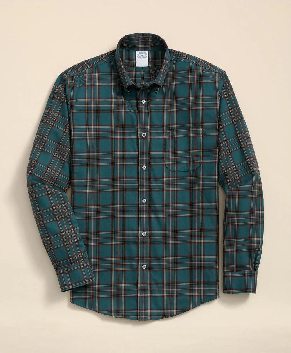 Stretch Supima® Cotton Non-Iron Twill Polo Button Down Plaid Sport Shirt