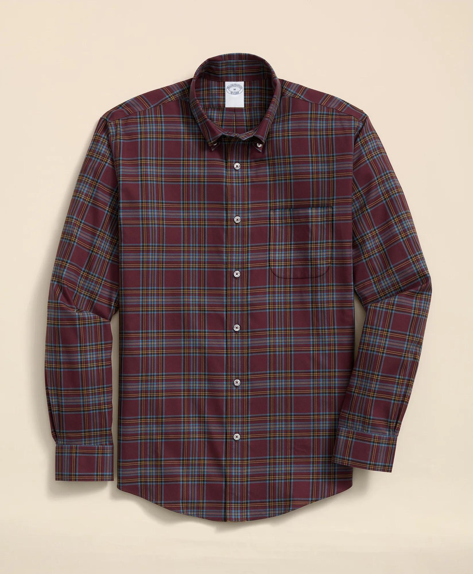 Stretch Supima® Cotton Non-Iron Twill Polo Button Down Plaid Sport Shirt