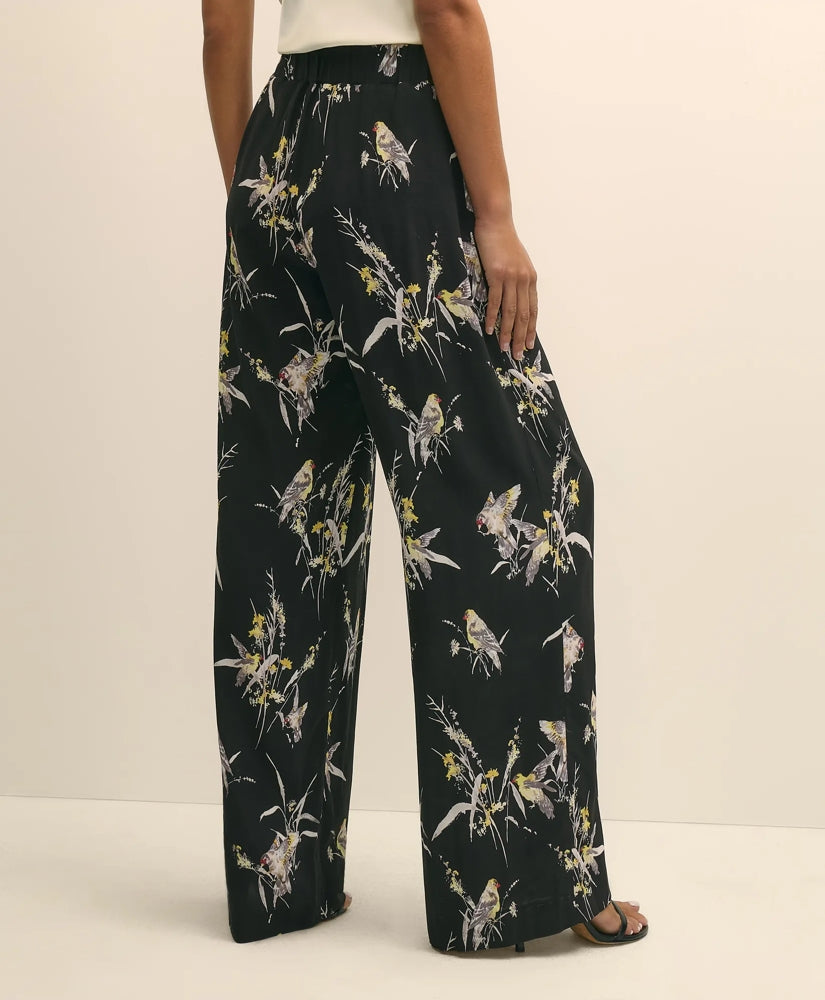 Easy Fit Elastic Back Wide-Leg Soft Bird Print Pants
