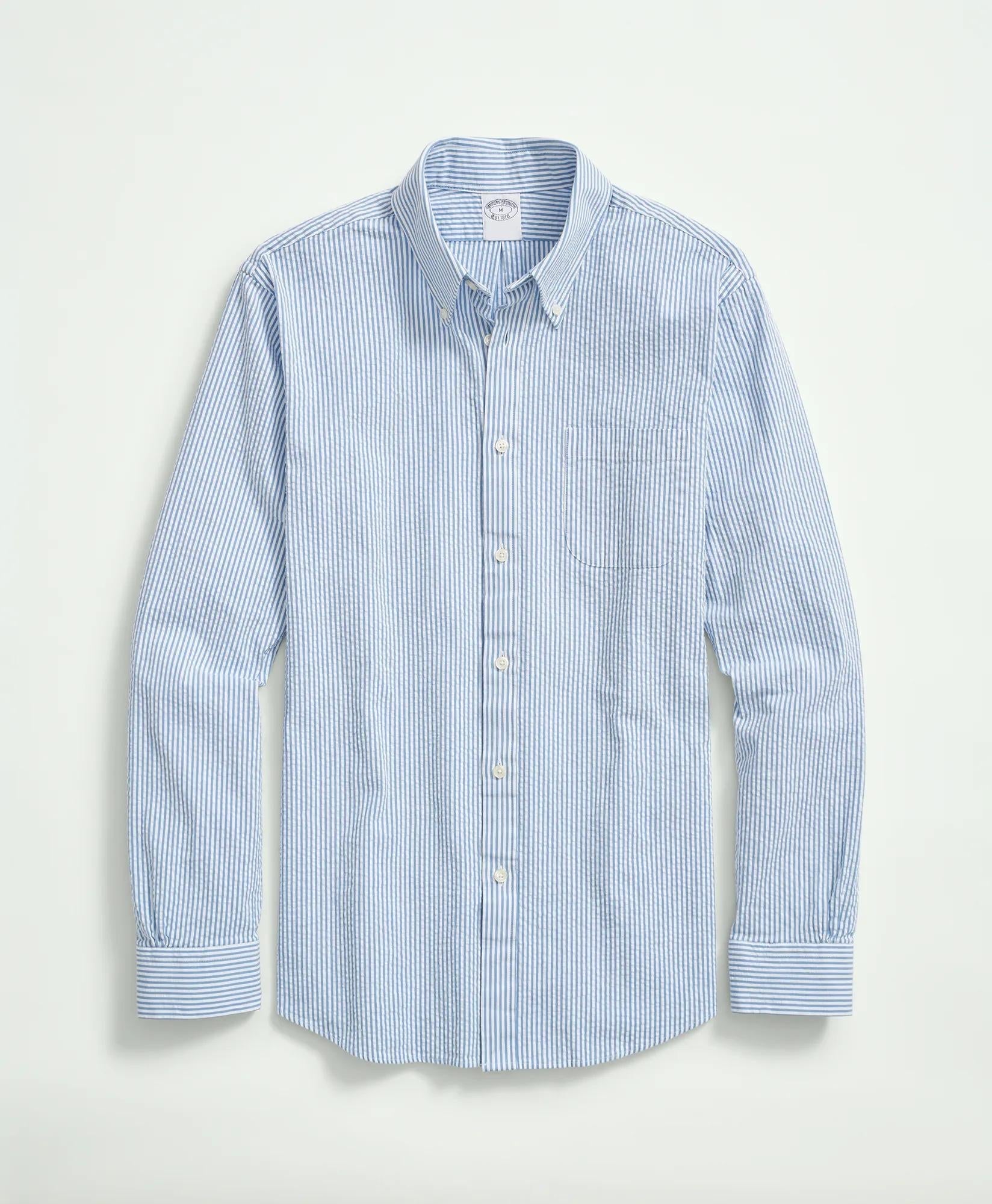 Washed Cotton Seersucker Button-Down Collar Stripe Sport Shirt