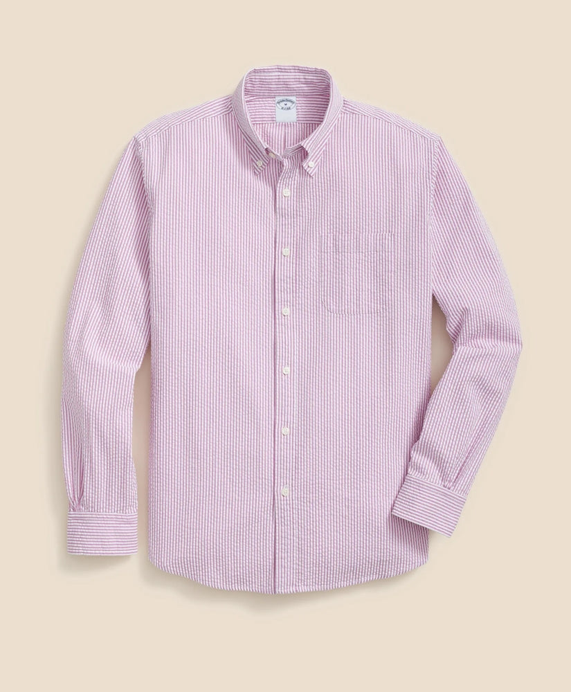 Washed Cotton Seersucker Button-Down Collar Stripe Sport Shirt
