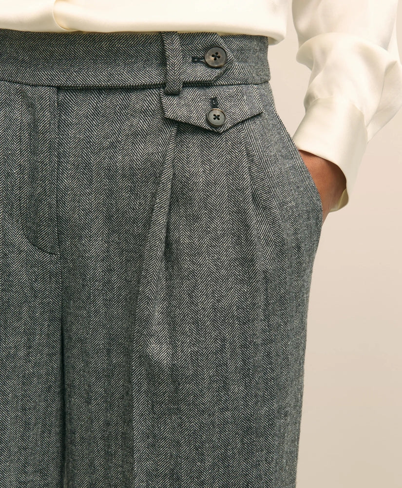 Wool Blend Pleated Herringbone Wide-Leg Pant