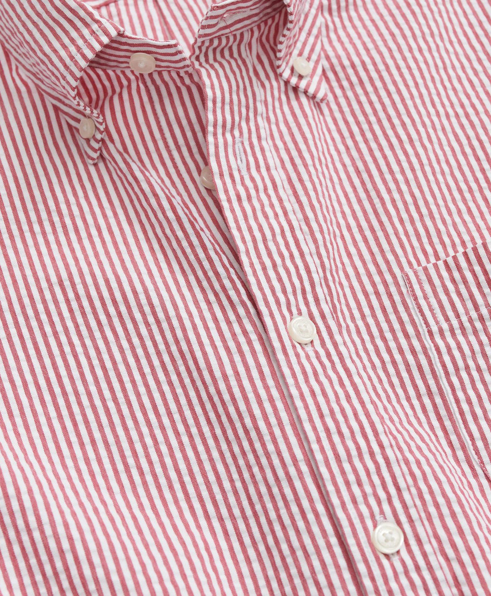 Washed Cotton Seersucker Button-Down Collar Stripe Short-Sleeve Sport Shirt
