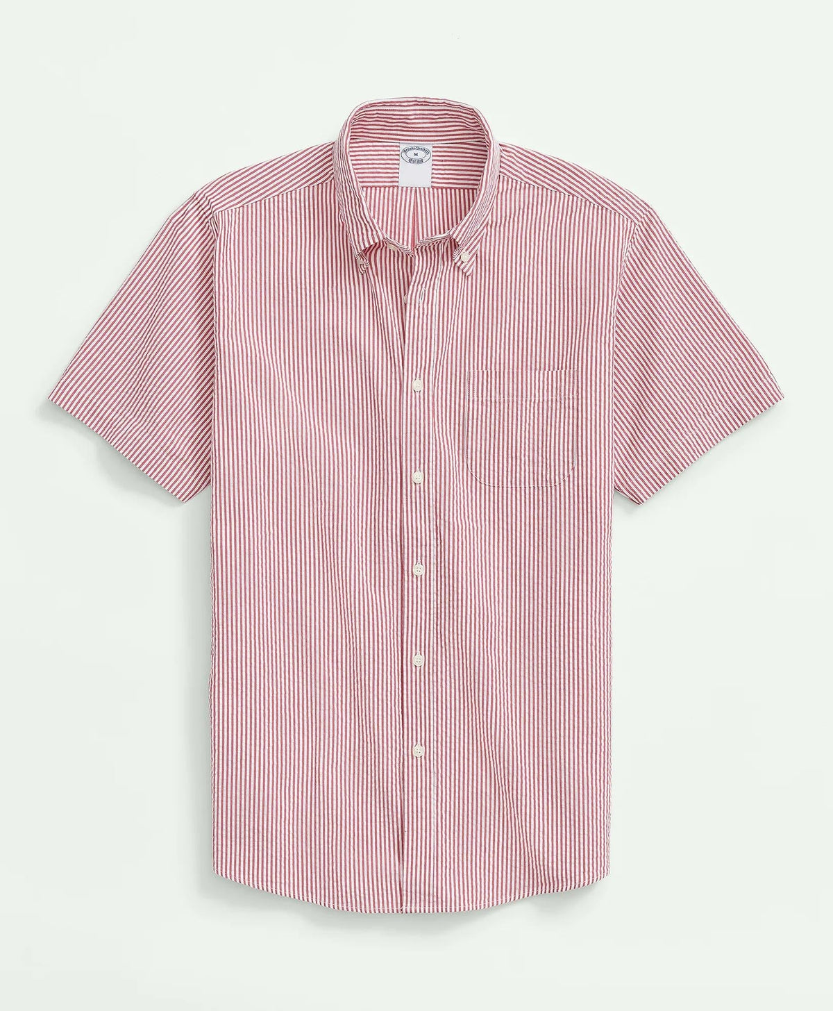 Washed Cotton Seersucker Button-Down Collar Stripe Short-Sleeve Sport Shirt