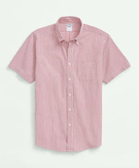 Washed Cotton Seersucker Button-Down Collar Stripe Short-Sleeve Sport Shirt